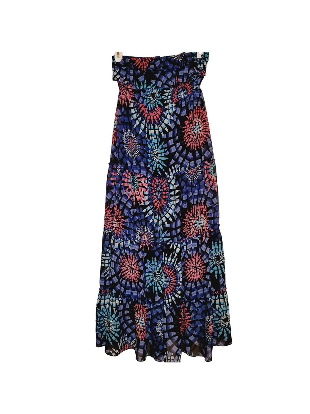 Theme blue mosaic print strapless maxi dress Size Med Artsy Boho Retro Feminine